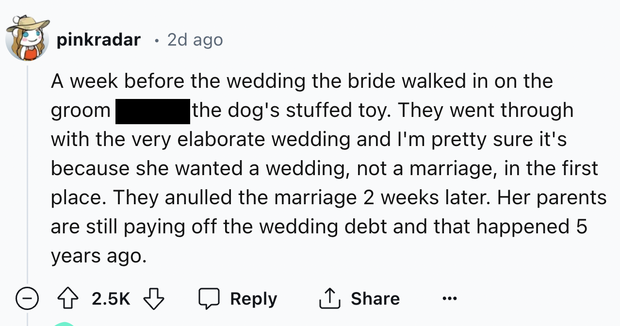 number - pinkradar 2d ago A week before the wedding the bride walked in on the the dog's stuffed toy. They went through groom with the very elaborate wedding and I'm pretty sure it's because she wanted a wedding, not a marriage, in the first place. They a